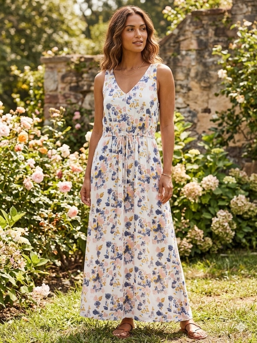 Lucky Brand Floral Maxi Dress W/ Pockets, Sz. Medium